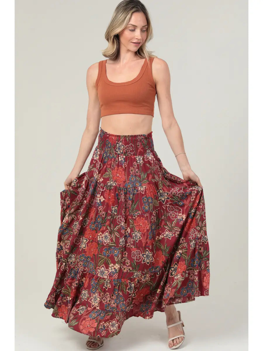 Tiered A Line Smocked Waist Printed Maxi Skirt