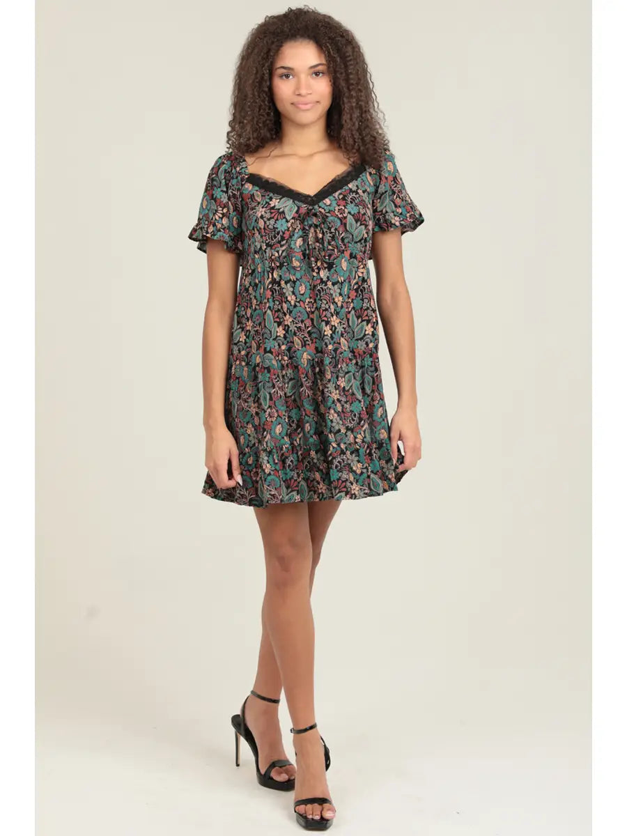 Lace Trim Short Sleeve Printed Dress