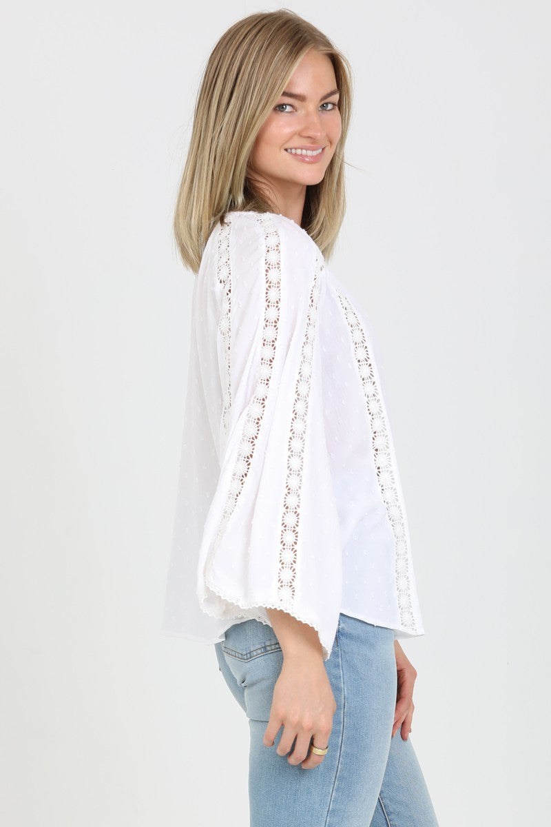Flaue Bell Sleeve Lace Inset V Neck Top