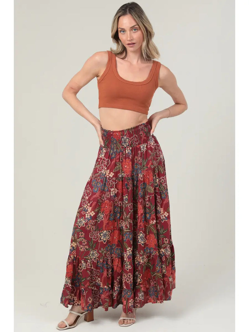 Tiered A Line Smocked Waist Printed Maxi Skirt