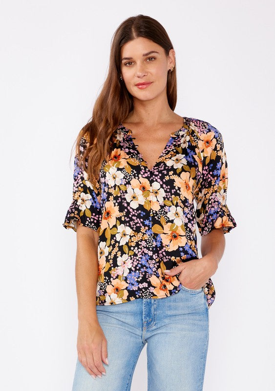 Split V-Neck Smocked Sleeve Top