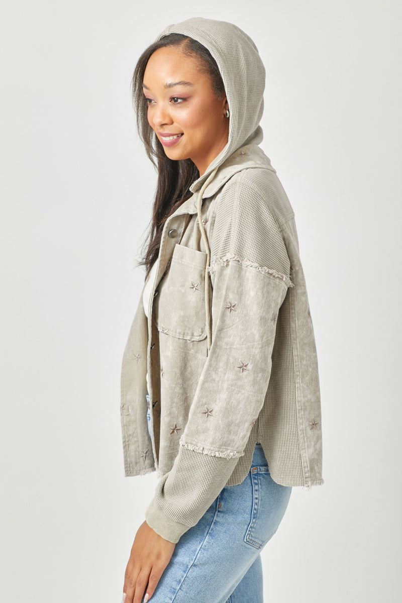 Star Embroidery Washed Jacket With Hood