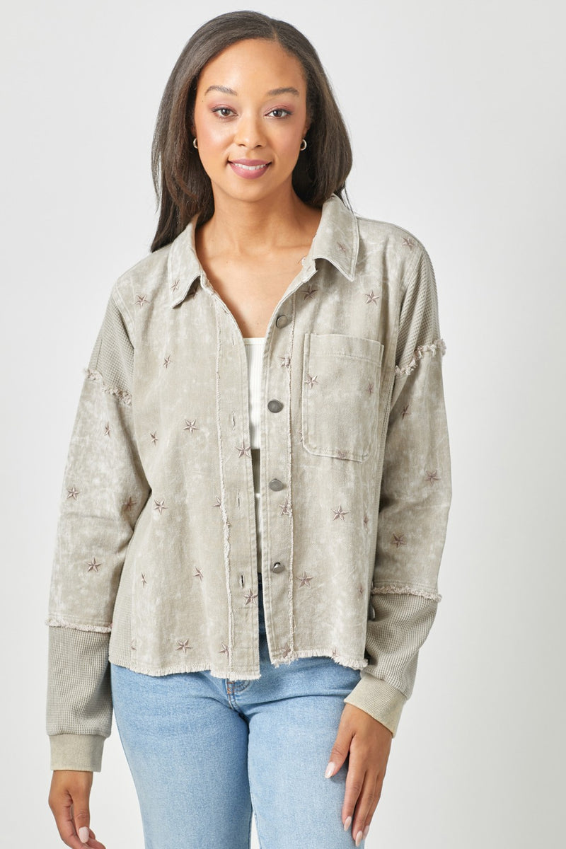 Star Embroidery Washed Jacket With Hood