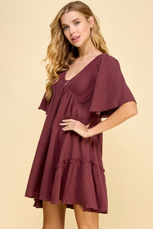 Solid Flutter Sleeve Dress