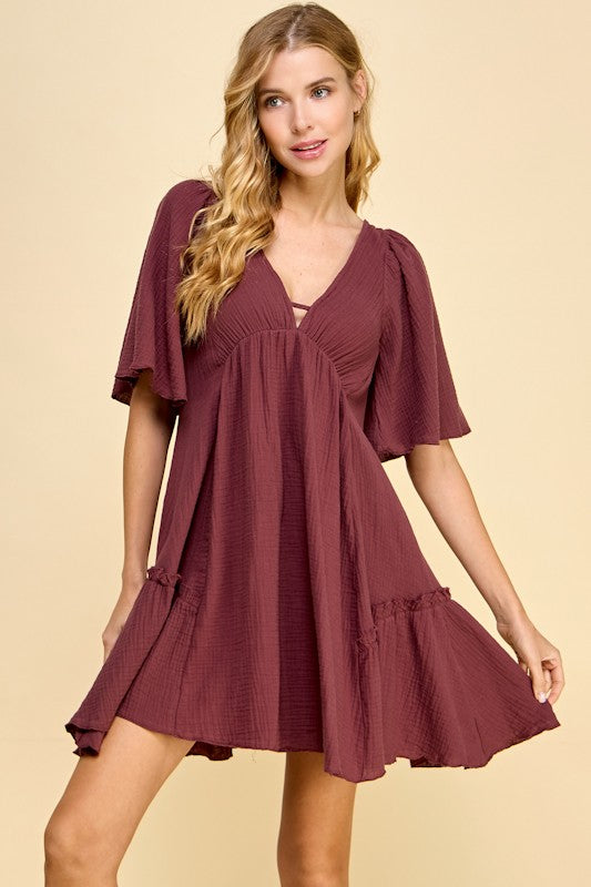 Solid Flutter Sleeve Dress