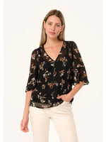 Sheer Floral Half Sleeve Button Down Blouse