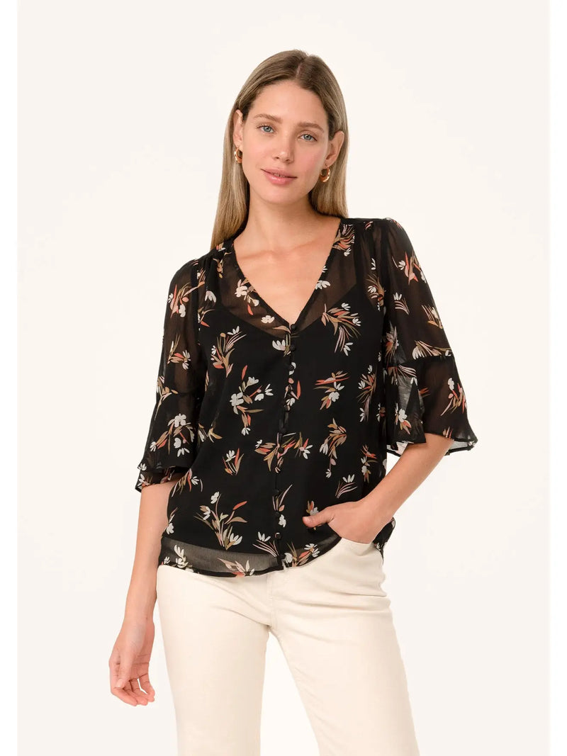 Sheer Floral Half Sleeve Button Down Blouse