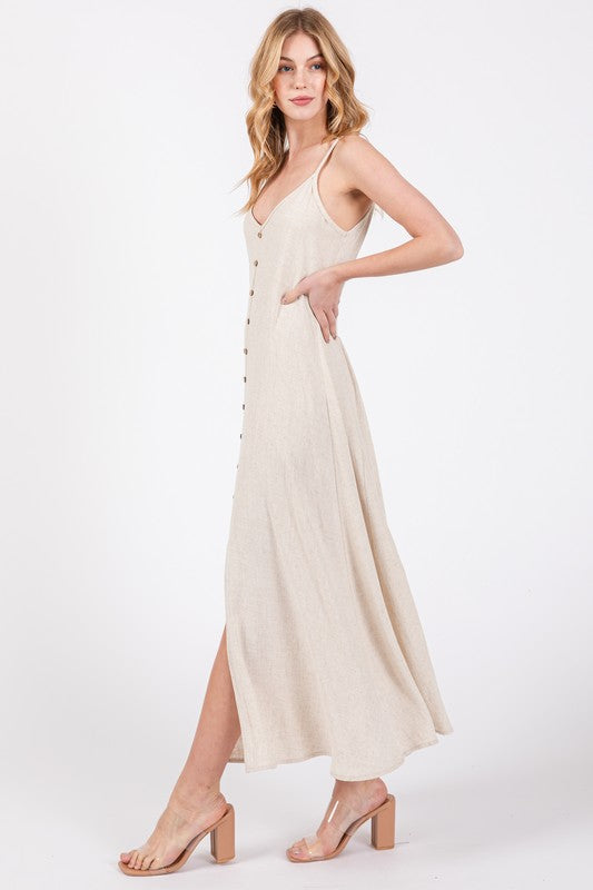 Flowy Dress With Front Slit and Button Trim Detail