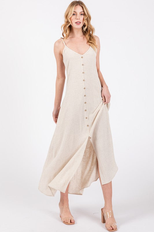 Flowy Dress With Front Slit and Button Trim Detail