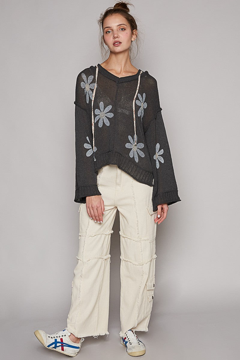 V-neck long sleeve floral print hoodie sweater