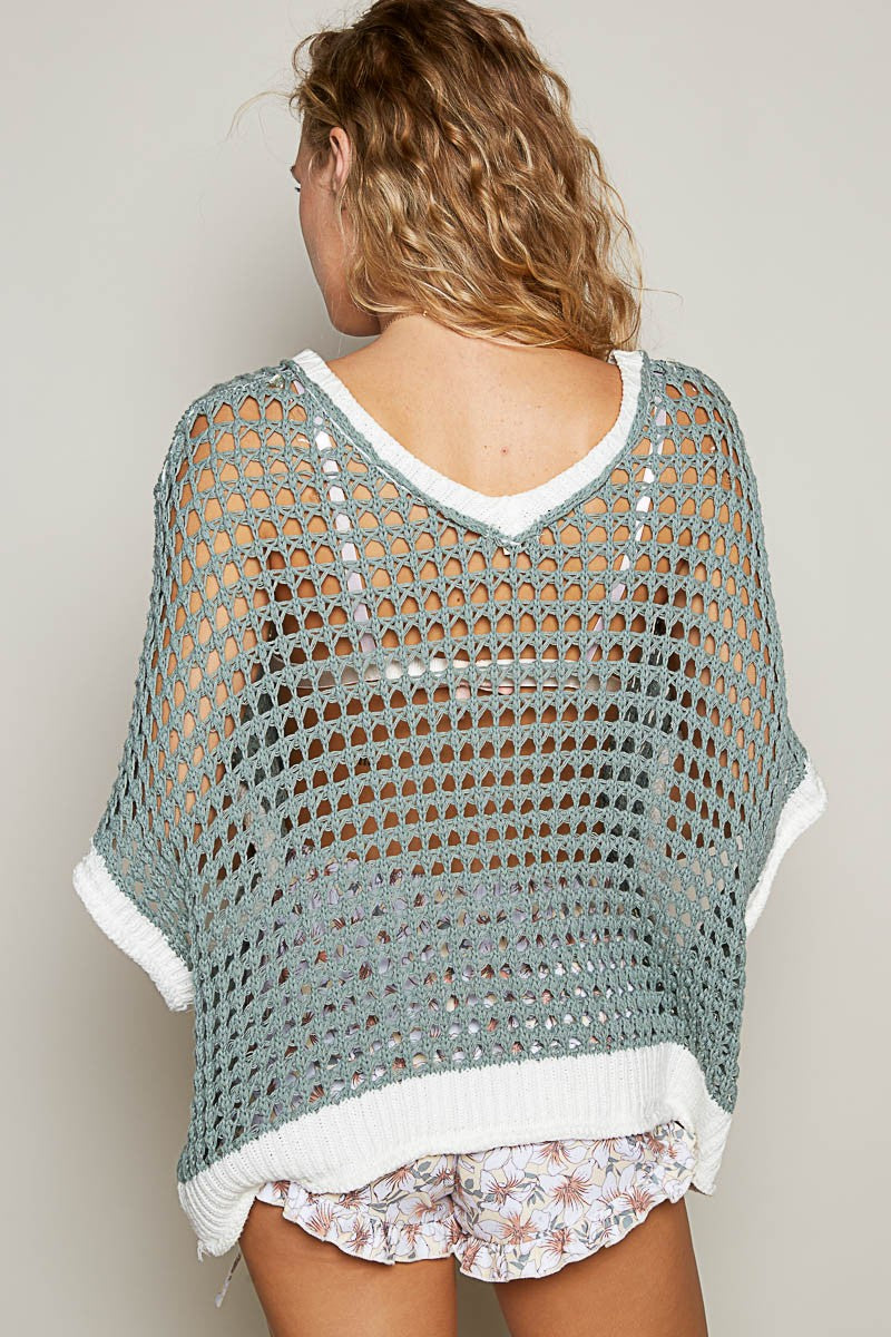 Sage/Ivory Oversize v-neck short sleeve peace sign sweater