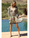 V Neck Smocked Bodice Long Bell Sleeve Lace Trim