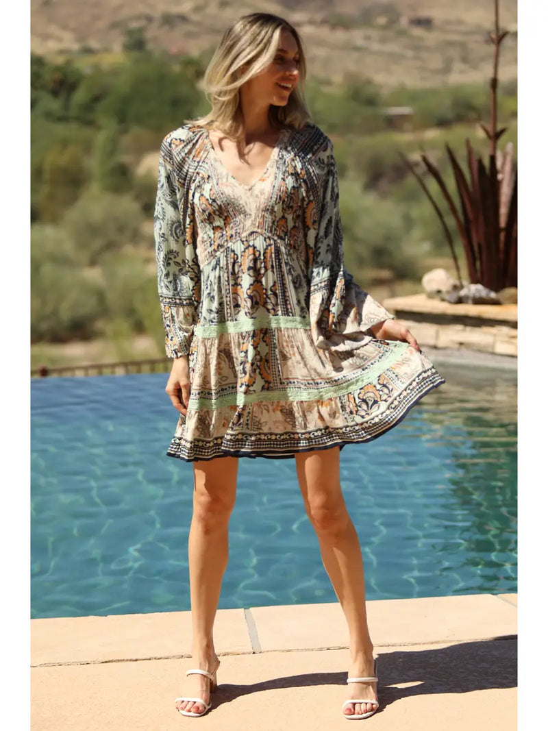 V Neck Smocked Bodice Long Bell Sleeve Lace Trim