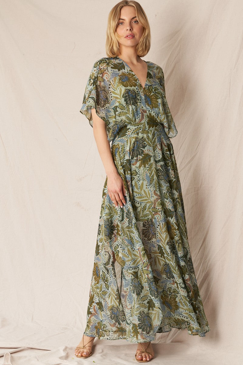 V-Neck Printed Gauze Maxi Dress