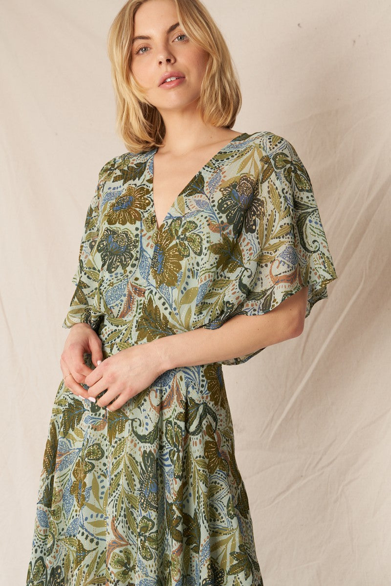 V-Neck Printed Gauze Maxi Dress