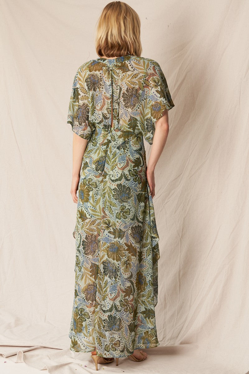 V-Neck Printed Gauze Maxi Dress