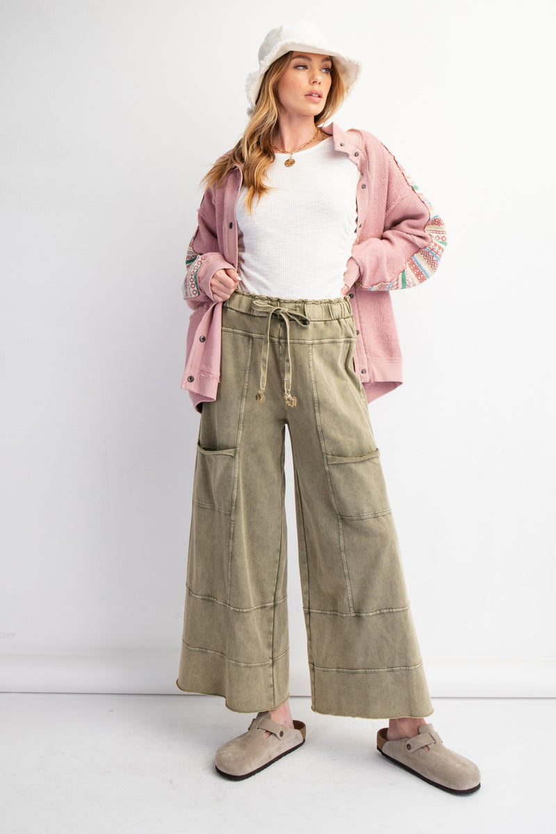 Olive Mineral Washed Terry Knit Pants