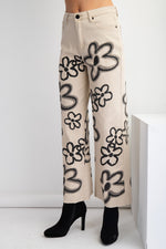 Khaki Flower Print Washed Twill Wide Pants