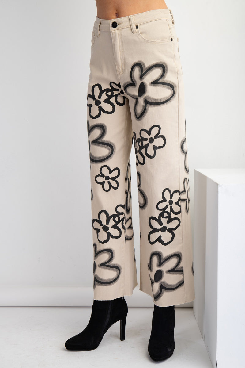 Khaki Flower Print Washed Twill Wide Pants