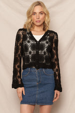 Black Flower Pattern Crochet Cardigan