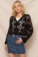 Black Flower Pattern Crochet Cardigan