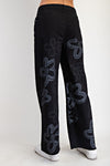 Black Flower Print Washed Twill Wide Pants