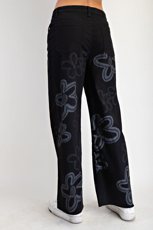 Black Flower Print Washed Twill Wide Pants