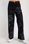 Black Flower Print Washed Twill Wide Pants