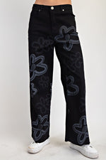 Black Flower Print Washed Twill Wide Pants
