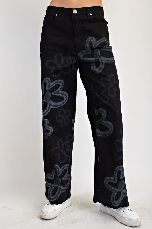 Black Flower Print Washed Twill Wide Pants