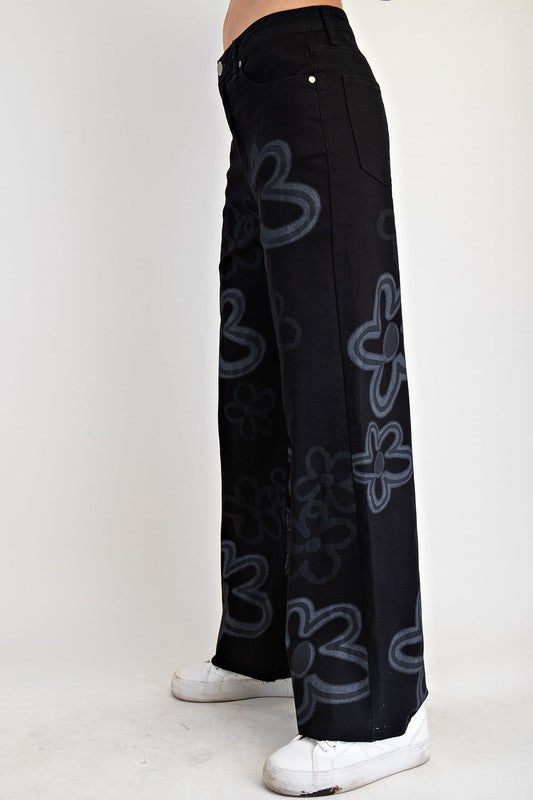 Black Flower Print Washed Twill Wide Pants