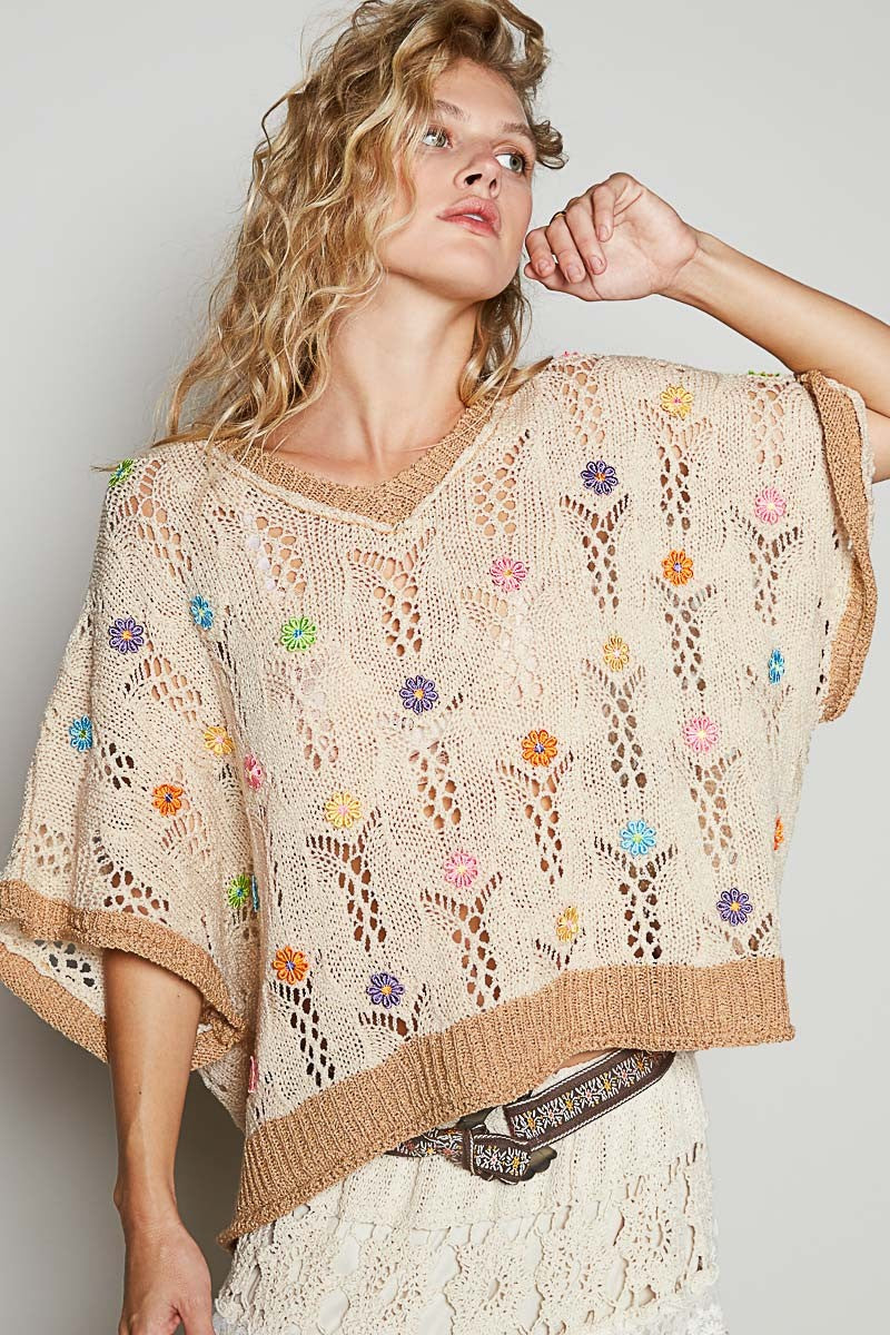 V-neck sleeveless flower outseam thin sweater top