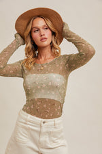 Olive Ditsy Floral Print Mesh Cabbage Hem Top