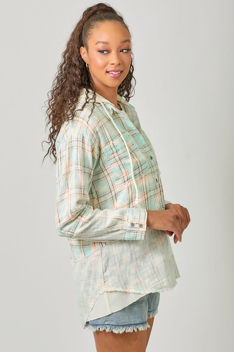 Plaid Button Up Washed Hoodie Shacket