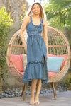 Acid Wash Denim Side Slit Open Back Maxi Dress