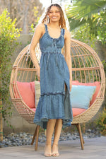 Acid Wash Denim Side Slit Open Back Maxi Dress