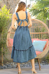 Acid Wash Denim Side Slit Open Back Maxi Dress