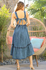 Acid Wash Denim Side Slit Open Back Maxi Dress