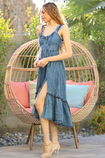 Acid Wash Denim Side Slit Open Back Maxi Dress