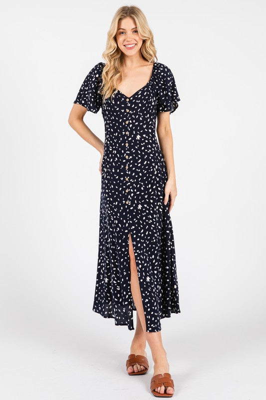 Dot Printed Princess Neckline Long Dress