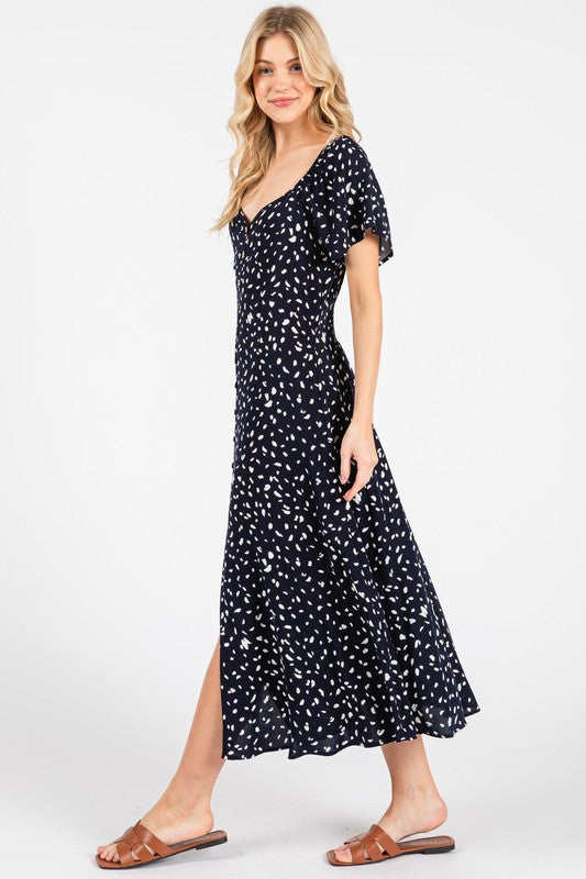 Dot Printed Princess Neckline Long Dress