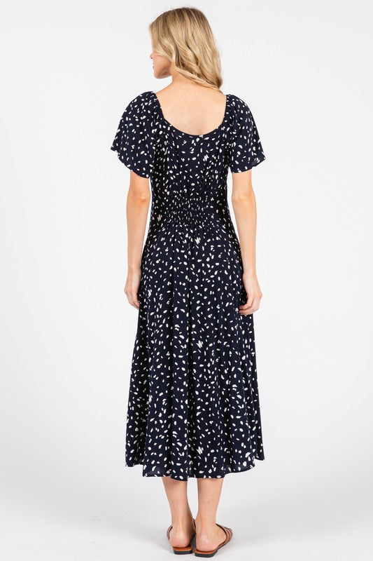 Dot Printed Princess Neckline Long Dress