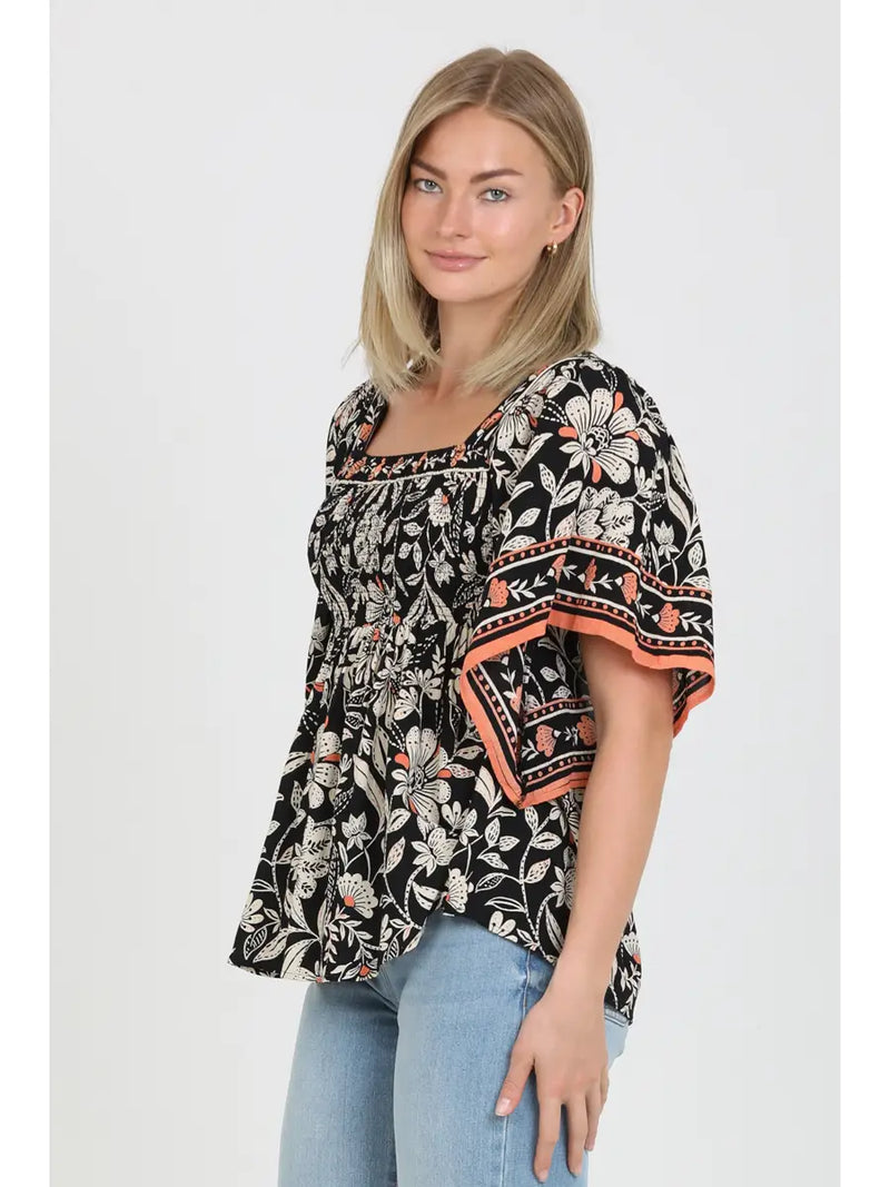 Square Neck Kimono Sleeve Printed Blouse