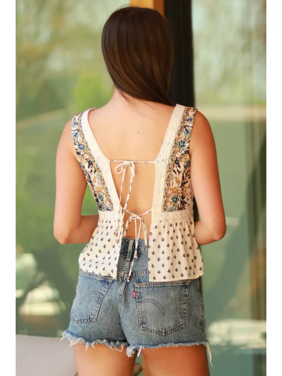 V Neck Lace Trim Tie Back Tank Top