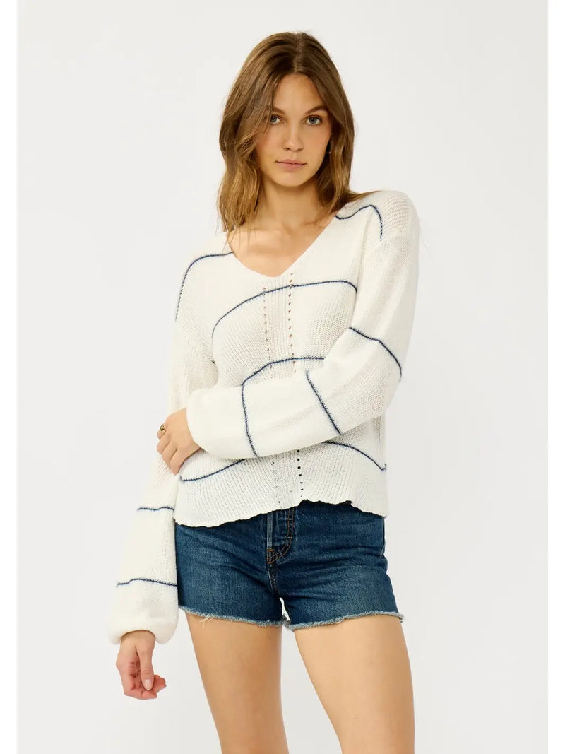 V Neck Fuzzy Stripe Sweater