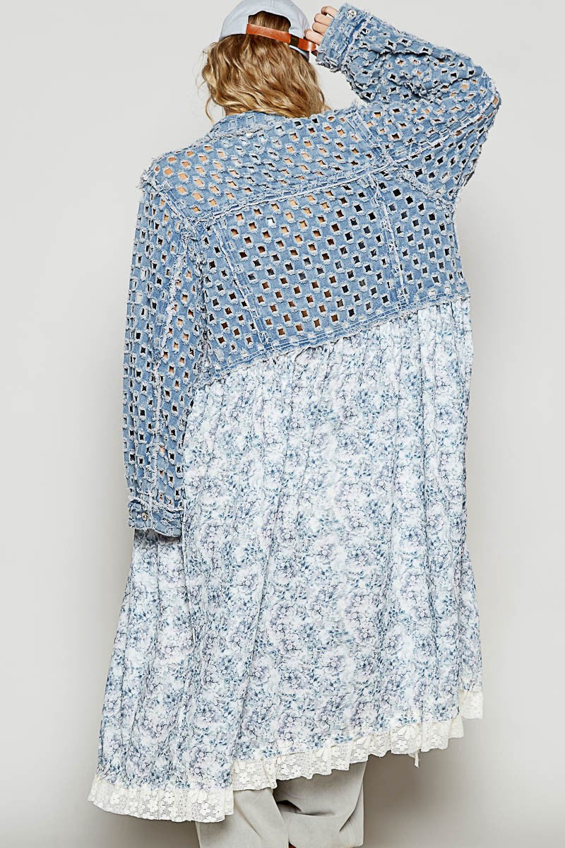 Vintage washed textured long woven denim shirt