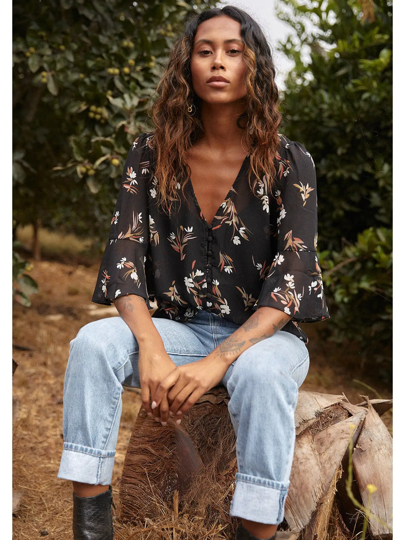 Sheer Floral Half Sleeve Button Down Blouse