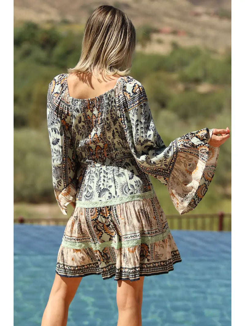 V Neck Smocked Bodice Long Bell Sleeve Lace Trim