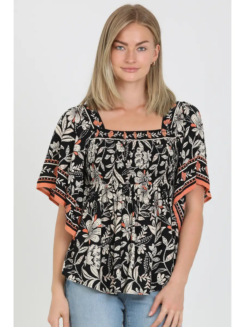 Square Neck Kimono Sleeve Printed Blouse