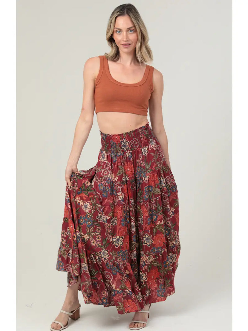 Tiered A Line Smocked Waist Printed Maxi Skirt